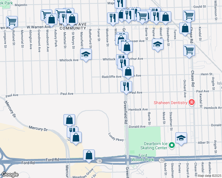map of restaurants, bars, coffee shops, grocery stores, and more near 6369 Winthrop Street in Detroit