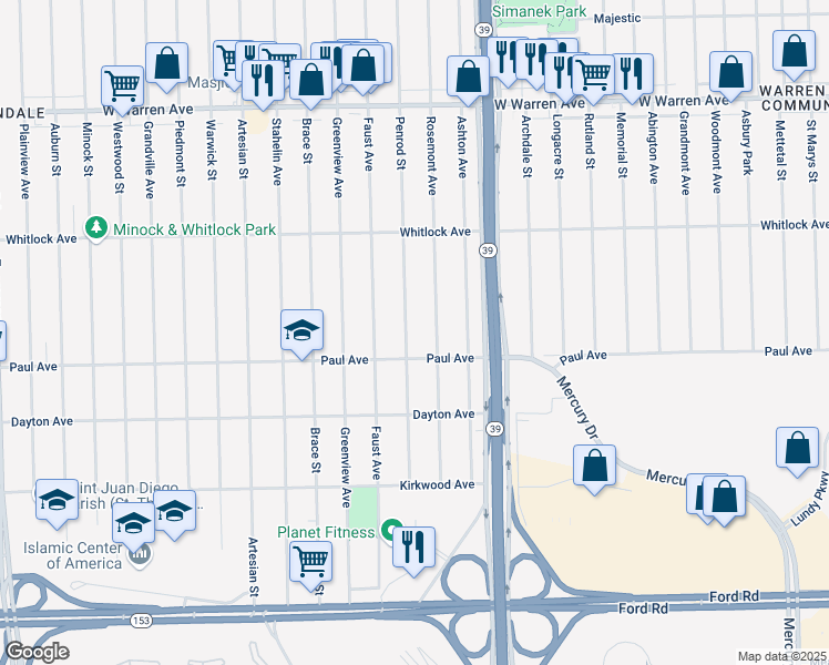 map of restaurants, bars, coffee shops, grocery stores, and more near 6397 Rosemont Avenue in Detroit