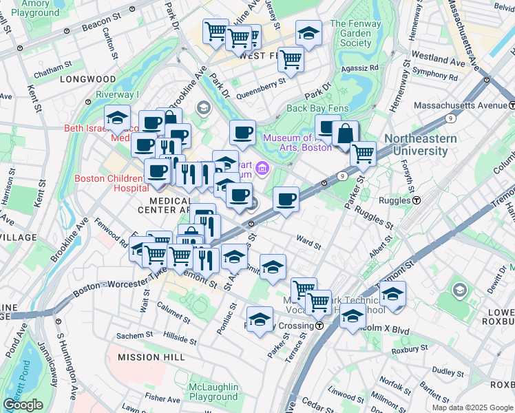 map of restaurants, bars, coffee shops, grocery stores, and more near 621 Huntington Avenue in Boston
