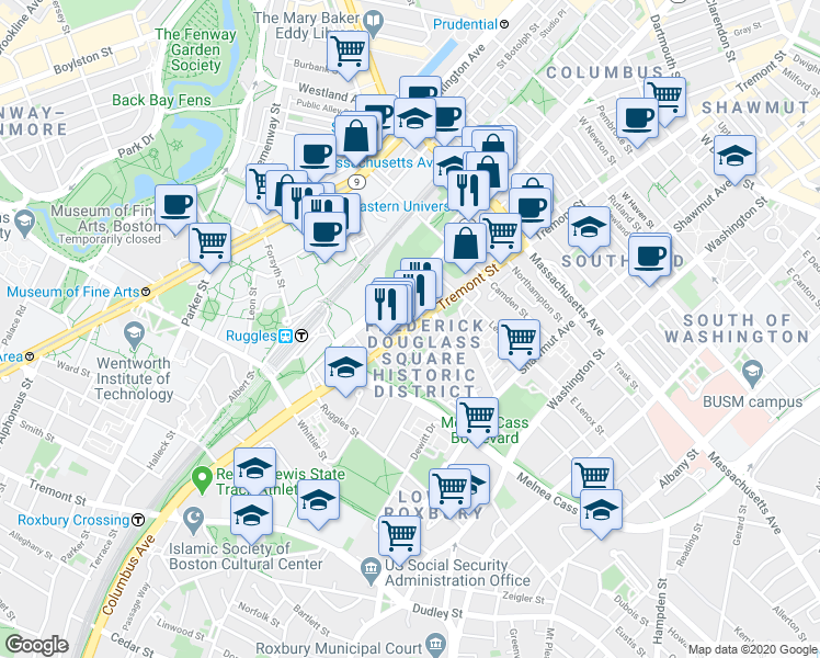 map of restaurants, bars, coffee shops, grocery stores, and more near Tremont Street & Burke Street in Boston