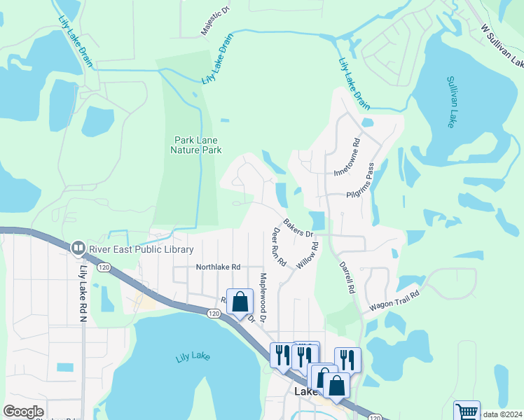 map of restaurants, bars, coffee shops, grocery stores, and more near 28809 Bakers Drive in Lakemoor