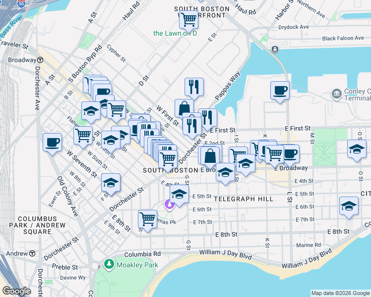 map of restaurants, bars, coffee shops, grocery stores, and more near 103 Dresser Street in Boston