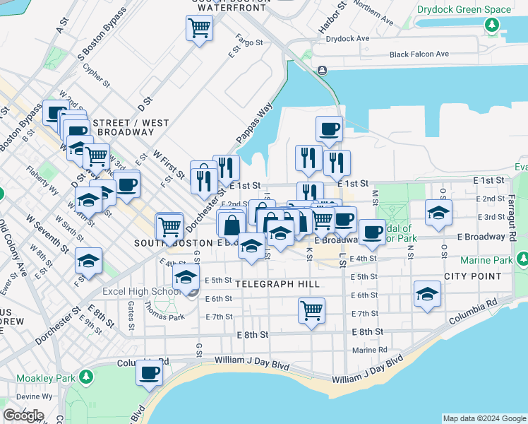 map of restaurants, bars, coffee shops, grocery stores, and more near 37 I Street in Boston