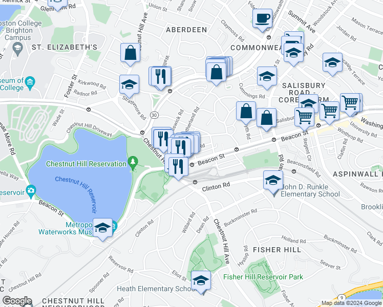 map of restaurants, bars, coffee shops, grocery stores, and more near 9 Ayr Road in Boston