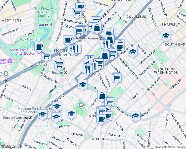 map of restaurants, bars, coffee shops, grocery stores, and more near 724 Columbus Avenue in Boston