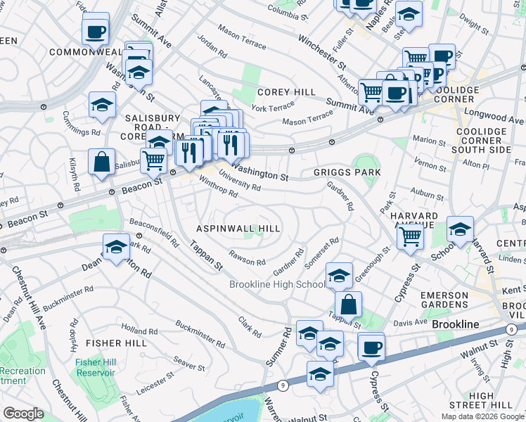 map of restaurants, bars, coffee shops, grocery stores, and more near 119 Winthrop Road in Brookline