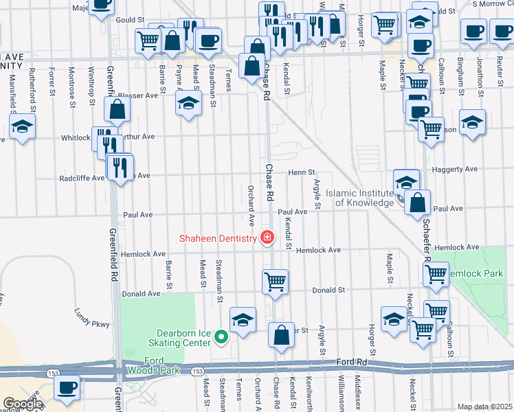 map of restaurants, bars, coffee shops, grocery stores, and more near 6438 Orchard Avenue in Dearborn