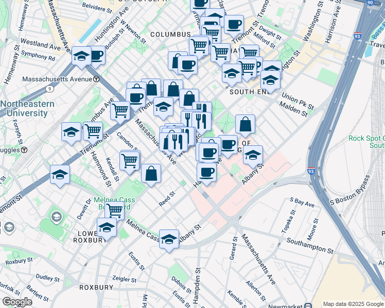 map of restaurants, bars, coffee shops, grocery stores, and more near 1 Worcester Square in Boston
