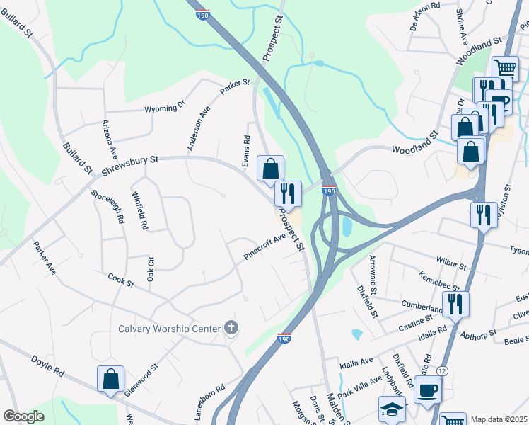 map of restaurants, bars, coffee shops, grocery stores, and more near 241 Woodland Street in West Boylston