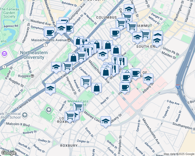 map of restaurants, bars, coffee shops, grocery stores, and more near Shawmut Ave & Northampton St in Boston