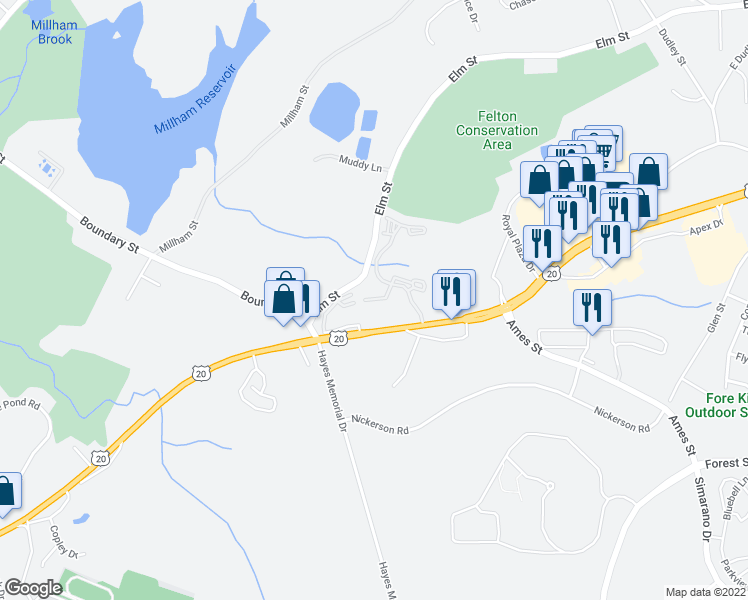 map of restaurants, bars, coffee shops, grocery stores, and more near 608 Applebriar Lane in Marlborough