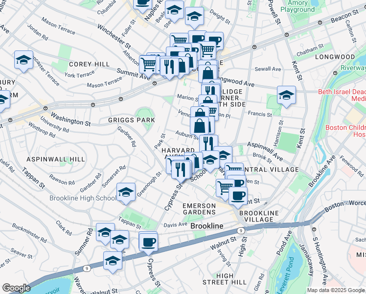 map of restaurants, bars, coffee shops, grocery stores, and more near 51 Harvard Avenue in Brookline