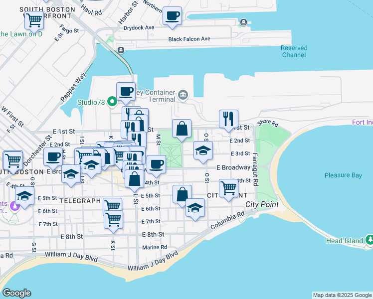 map of restaurants, bars, coffee shops, grocery stores, and more near 40 N Street in Boston