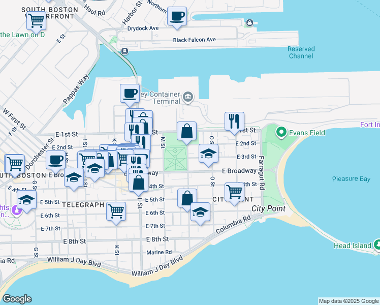 map of restaurants, bars, coffee shops, grocery stores, and more near 40 N Street in Boston