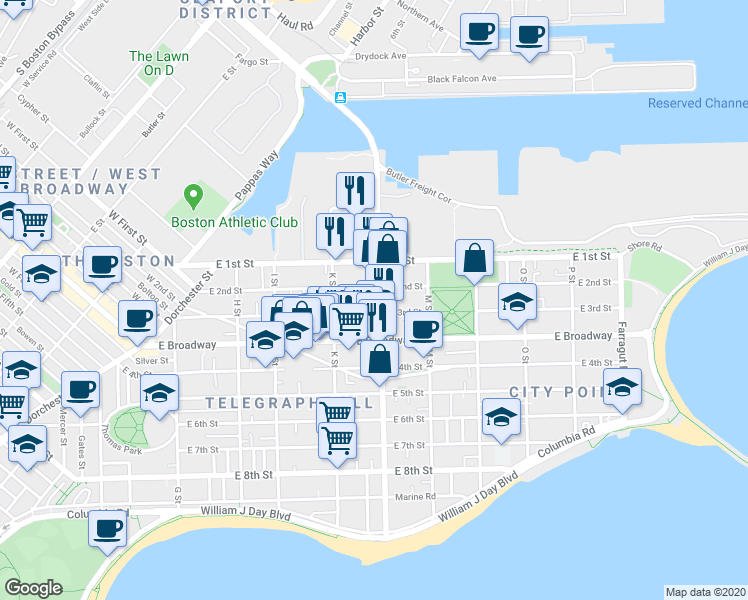 map of restaurants, bars, coffee shops, grocery stores, and more near in Boston