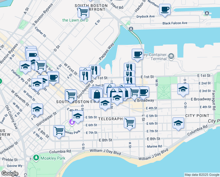 map of restaurants, bars, coffee shops, grocery stores, and more near 17 I Street in Boston