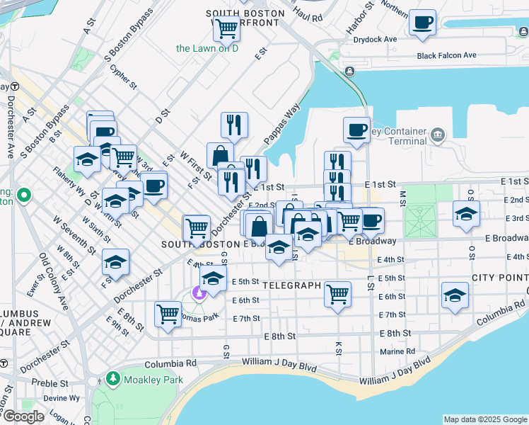 map of restaurants, bars, coffee shops, grocery stores, and more near 4 H Street in Boston