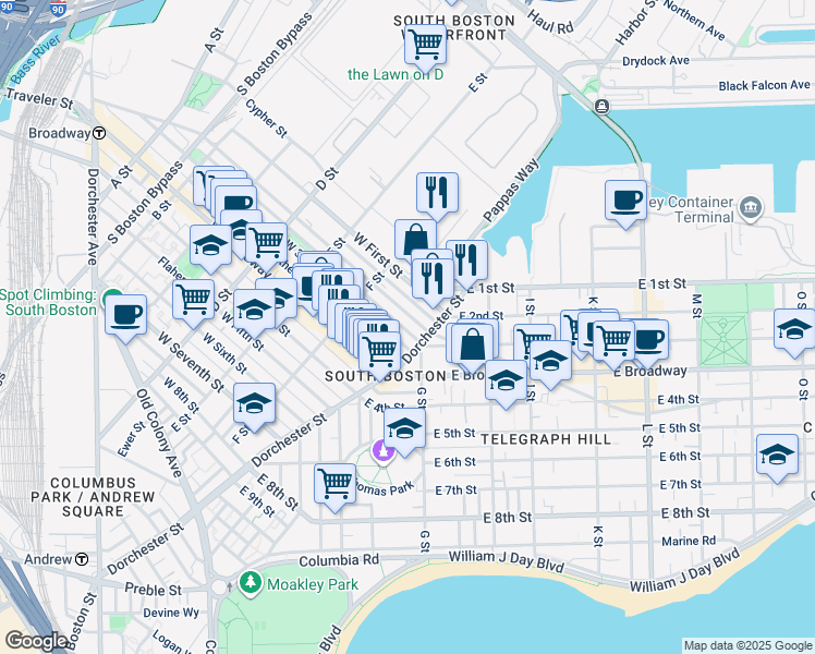 map of restaurants, bars, coffee shops, grocery stores, and more near 103 Dresser Street in Boston