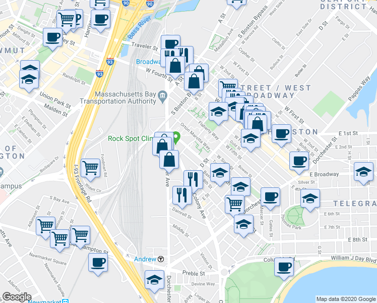 map of restaurants, bars, coffee shops, grocery stores, and more near 52 Pier 7 in Boston