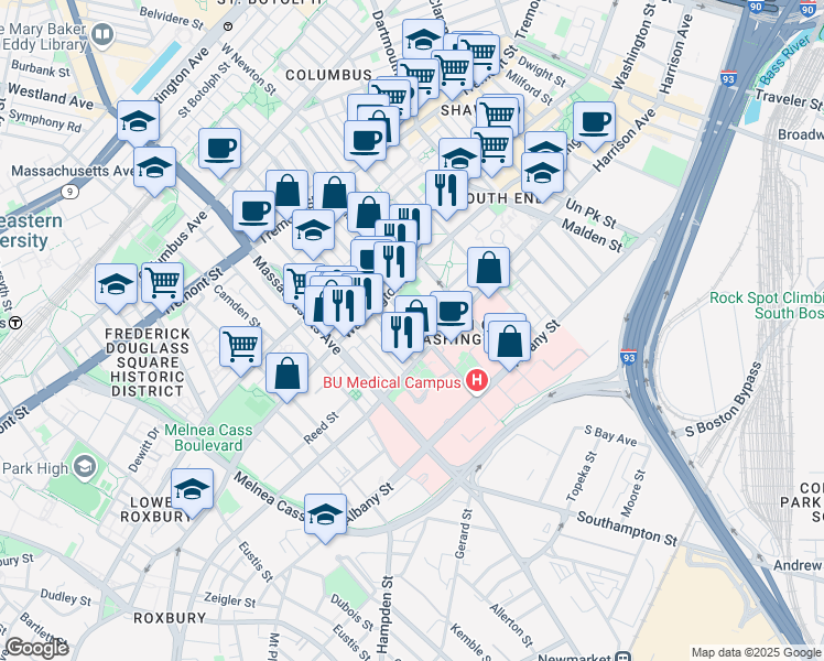 map of restaurants, bars, coffee shops, grocery stores, and more near 19 East Concord Street in Boston