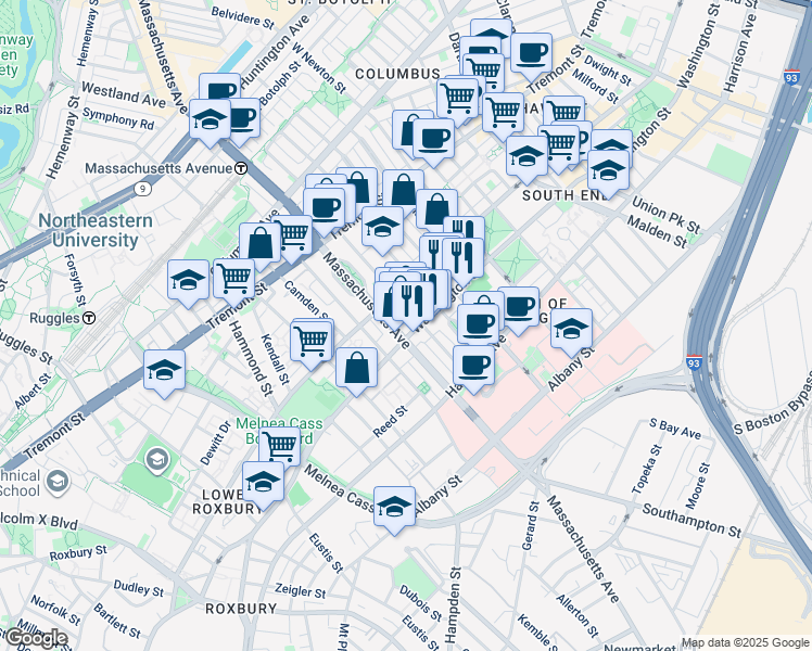 map of restaurants, bars, coffee shops, grocery stores, and more near in Boston