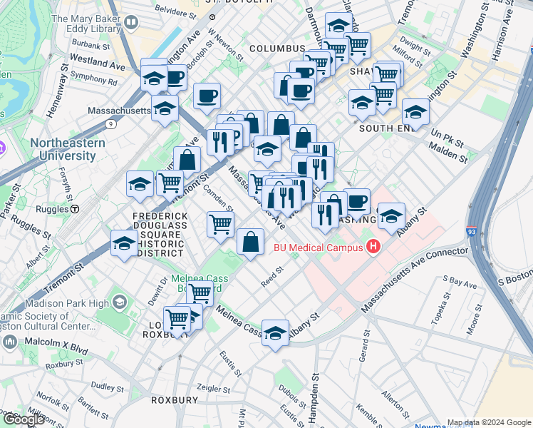 map of restaurants, bars, coffee shops, grocery stores, and more near in Boston