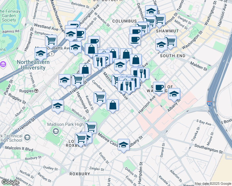 map of restaurants, bars, coffee shops, grocery stores, and more near 179 Northampton Street in Boston