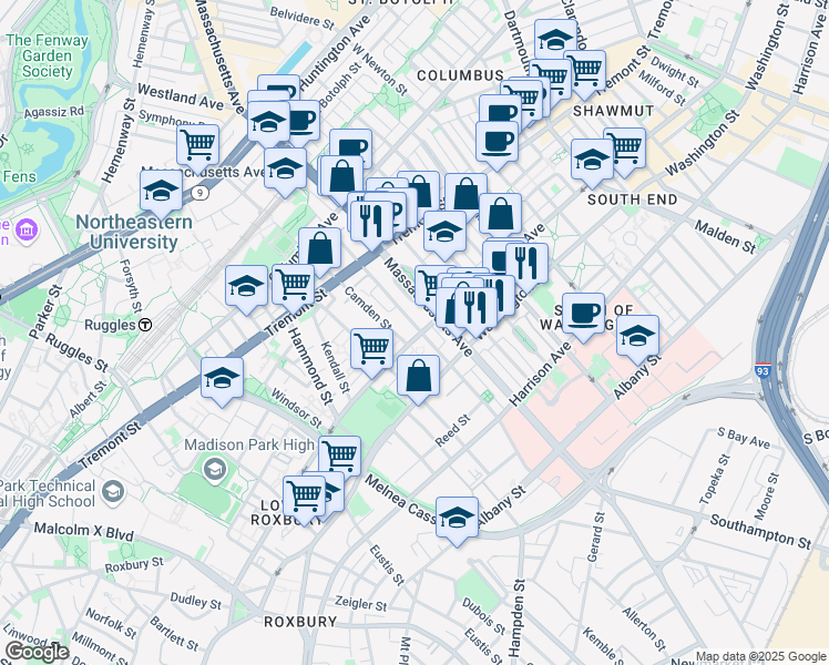 map of restaurants, bars, coffee shops, grocery stores, and more near 179 Northampton Street in Boston