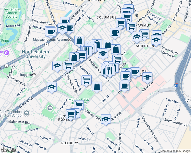 map of restaurants, bars, coffee shops, grocery stores, and more near 179 Northampton Street in Boston