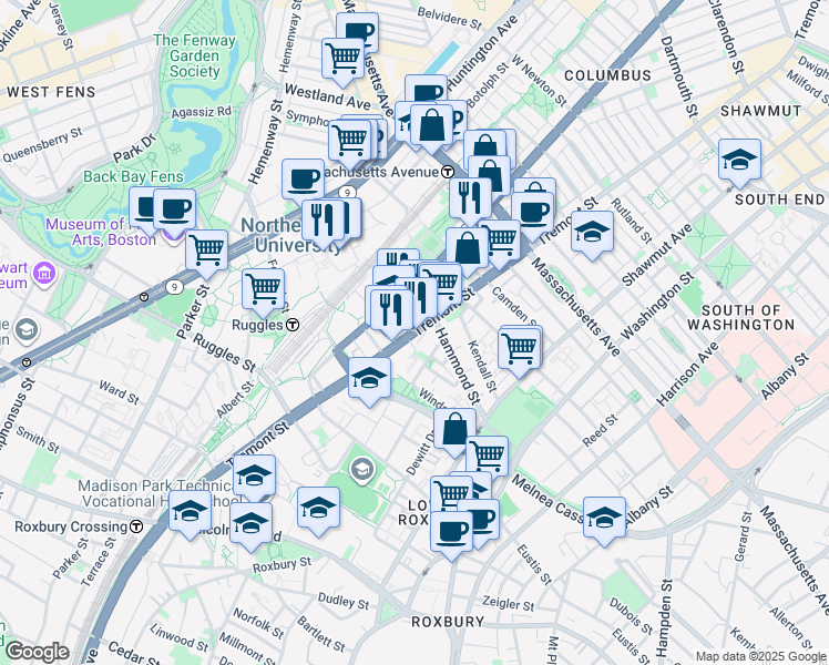 map of restaurants, bars, coffee shops, grocery stores, and more near 724 Columbus Avenue in Boston