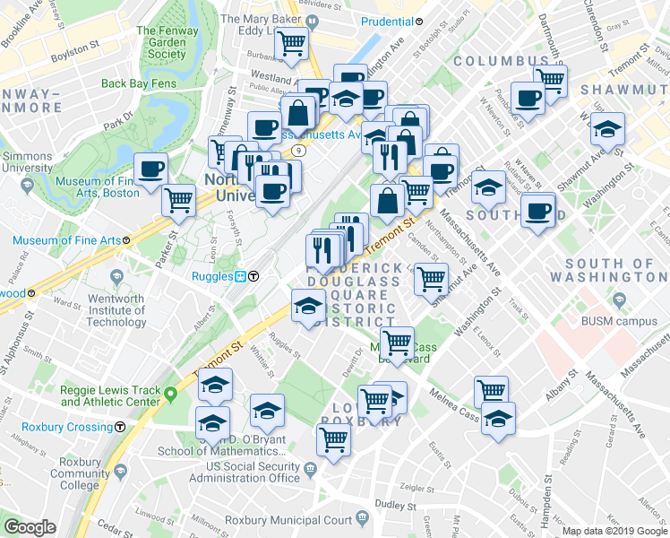 map of restaurants, bars, coffee shops, grocery stores, and more near 724 Columbus Avenue in Boston