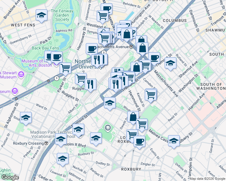 map of restaurants, bars, coffee shops, grocery stores, and more near in Boston