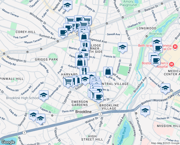map of restaurants, bars, coffee shops, grocery stores, and more near 4 Saint Paul Street in Brookline