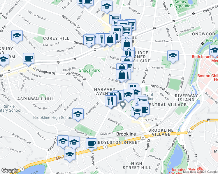 map of restaurants, bars, coffee shops, grocery stores, and more near 9 Auburn Place in Brookline