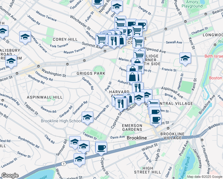 map of restaurants, bars, coffee shops, grocery stores, and more near 32 Park Street in Brookline