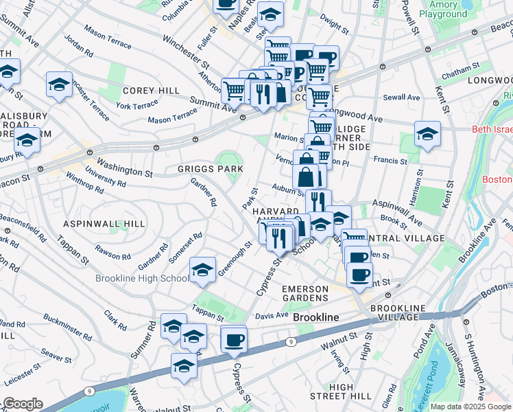 map of restaurants, bars, coffee shops, grocery stores, and more near 32 Park Street in Brookline