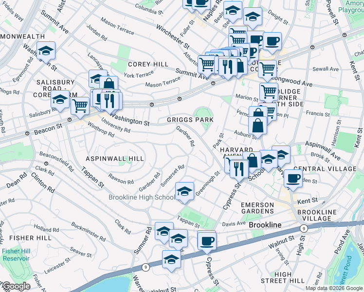 map of restaurants, bars, coffee shops, grocery stores, and more near 25 Gardner Road in Brookline