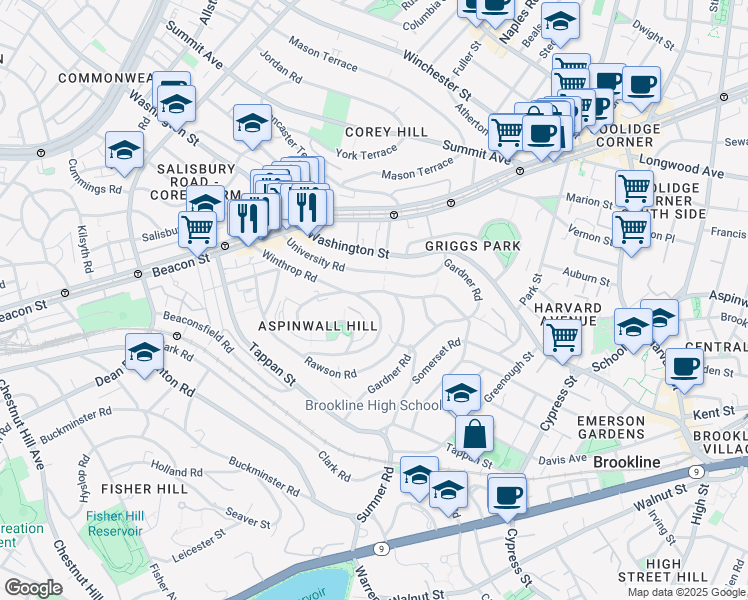 map of restaurants, bars, coffee shops, grocery stores, and more near 107 University Road in Brookline