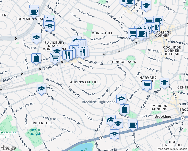 map of restaurants, bars, coffee shops, grocery stores, and more near 119 Winthrop Road in Brookline