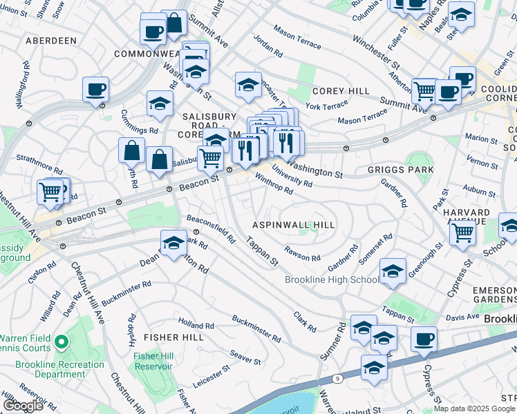 map of restaurants, bars, coffee shops, grocery stores, and more near 10 Claflin Road in Brookline