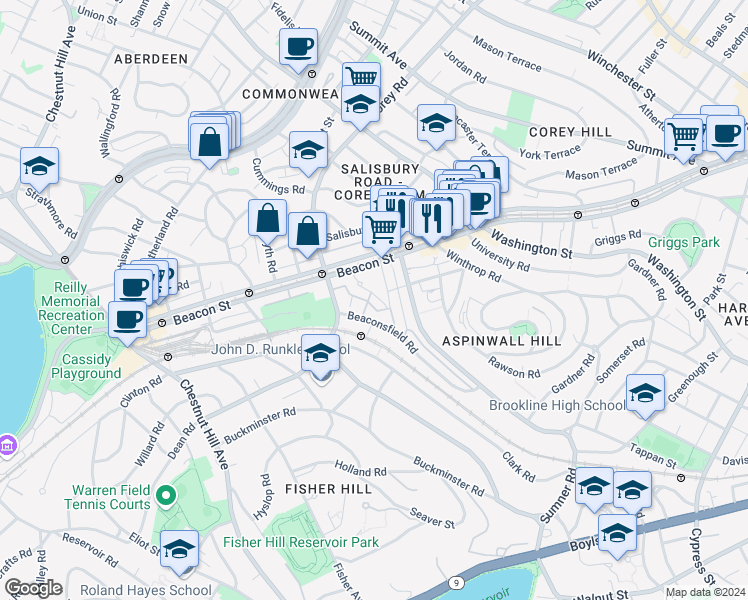 map of restaurants, bars, coffee shops, grocery stores, and more near in Brookline