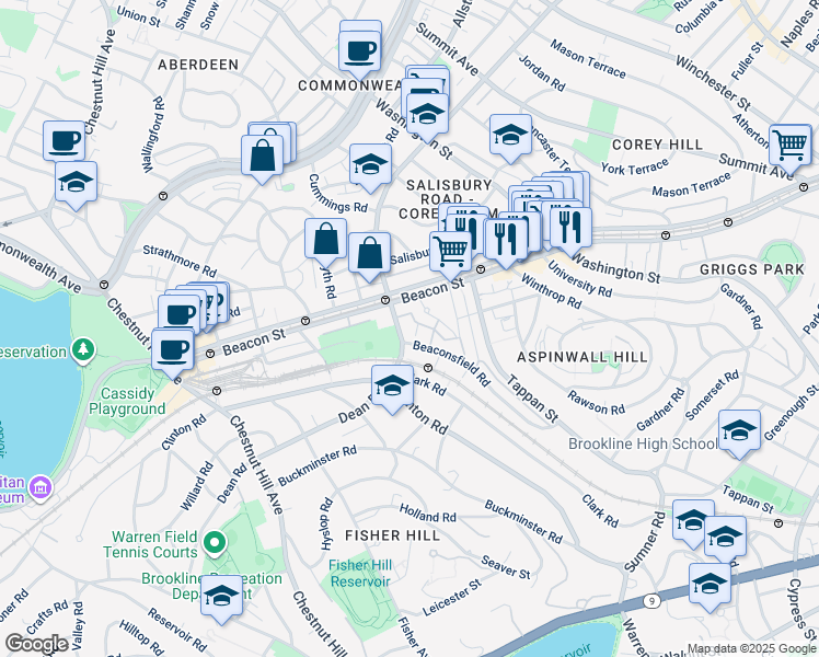 map of restaurants, bars, coffee shops, grocery stores, and more near in Brookline