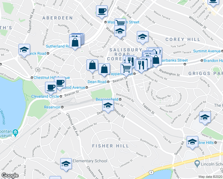 map of restaurants, bars, coffee shops, grocery stores, and more near 15 Dean Road in Brookline