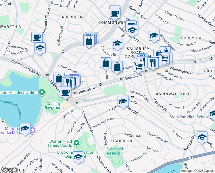 map of restaurants, bars, coffee shops, grocery stores, and more near 1804 Beacon Street in Brookline