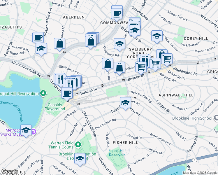 map of restaurants, bars, coffee shops, grocery stores, and more near in Brookline