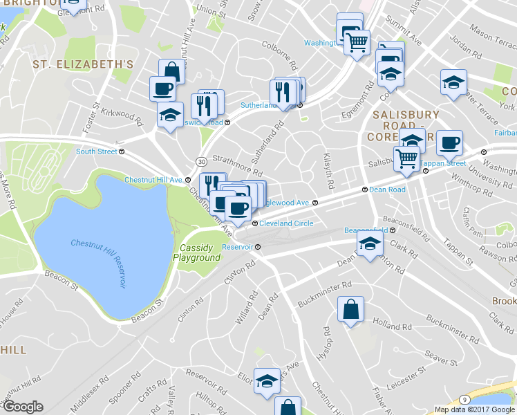 map of restaurants, bars, coffee shops, grocery stores, and more near 12 Ayr Road in Boston