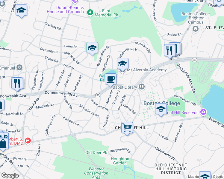 map of restaurants, bars, coffee shops, grocery stores, and more near 219 Commonwealth Avenue in Newton