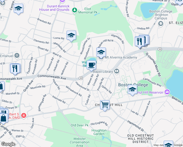 map of restaurants, bars, coffee shops, grocery stores, and more near 108 Ward Street in Newton