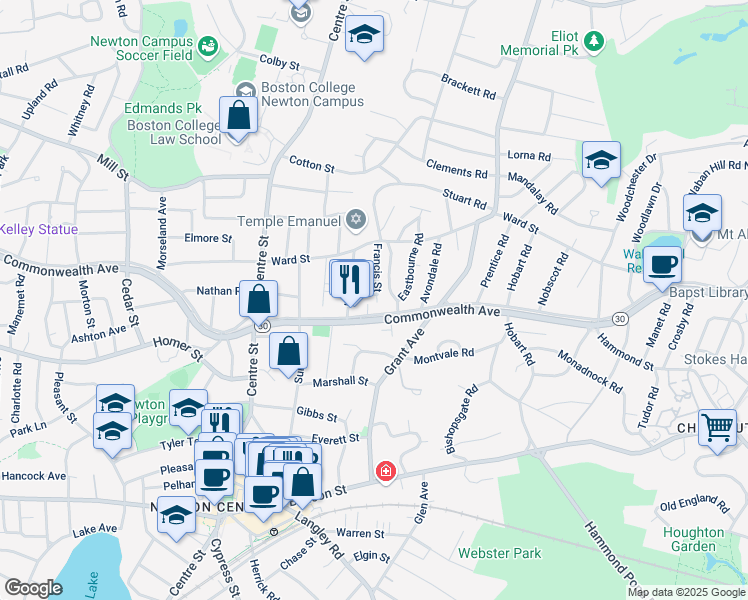 map of restaurants, bars, coffee shops, grocery stores, and more near 12 Garner Street in Newton