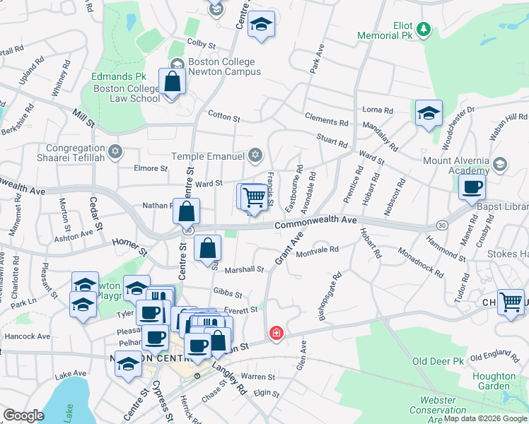 map of restaurants, bars, coffee shops, grocery stores, and more near 12 Garner Street in Newton